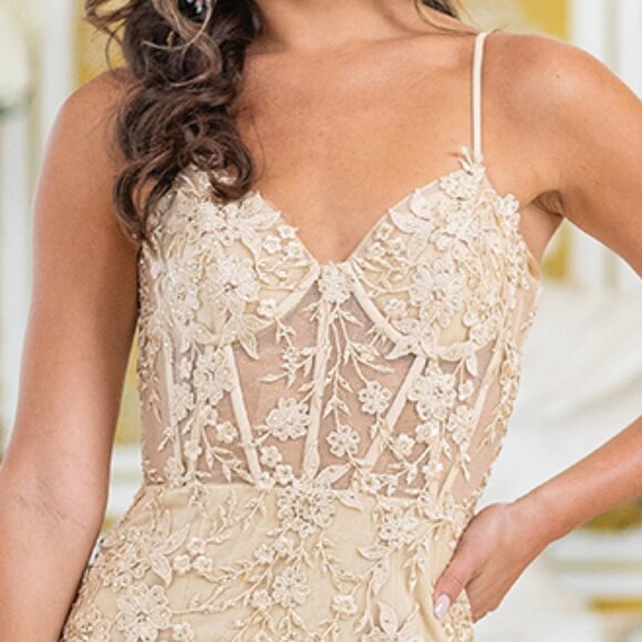 New Champagne Floral Lace Embellished Sheath Sleeveless Gown w/ Leg Slit DQ 4501 - Picture 8 of 9